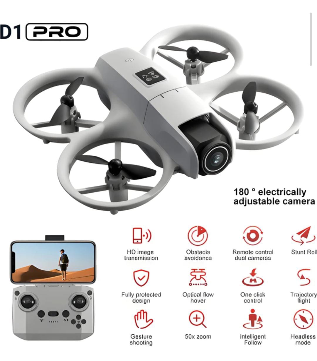 D1 Pro Smart Drone with 1800mAh Battery, 360° Stunts & Remote