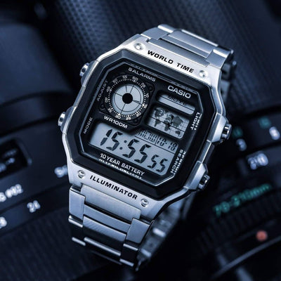 Illuminator World Time–Inspired Digital Watch | Retro Classic Metal Strap Edition