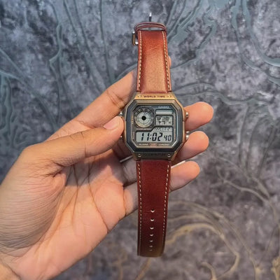 Illuminator World Time Digital Watch – Retro Style with Leather Strap