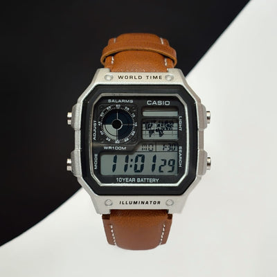 Illuminator World Time Digital Watch – Retro Style with Leather Strap