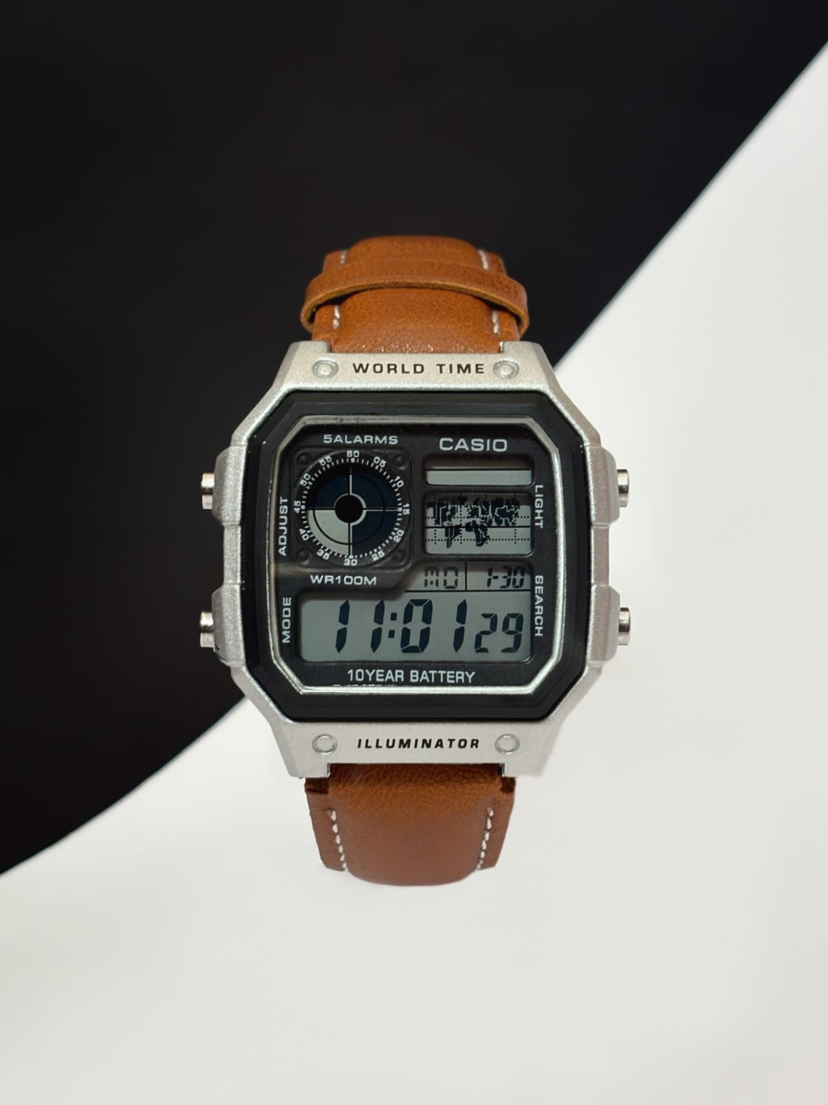 Illuminator World Time Digital Watch – Retro Style with Leather Strap