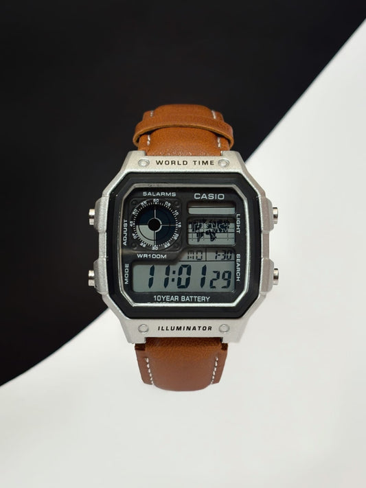 Illuminator World Time Digital Watch – Retro Style with Leather Strap
