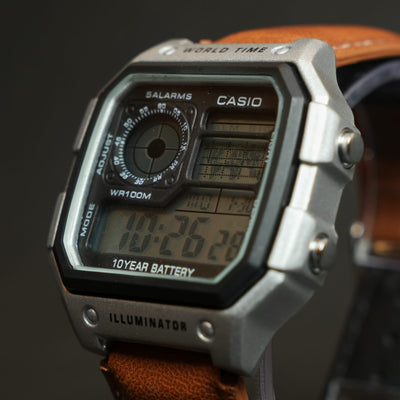 Illuminator World Time Digital Watch – Retro Style with Leather Strap