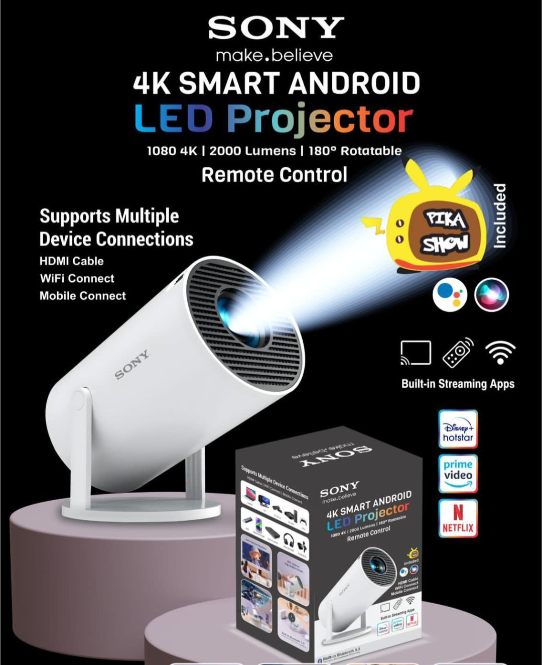 4k Smart Projector | Android 2000 Lumens | 180 Degree Rotational
